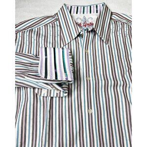 Robert Graham Men's Shirt 2XL Flip Cuff Striped Embroidered Turquoise